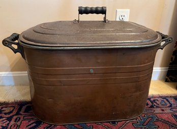 Large Antique Copper Boiler With Wood Handles And Lid