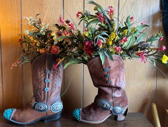 Western Cowboy Boot Vases With Faux Floral Arrangements - 2 Pieces