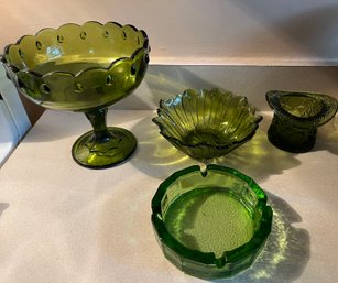 Assorted Lot Of Green Glassware- 4 Pieces