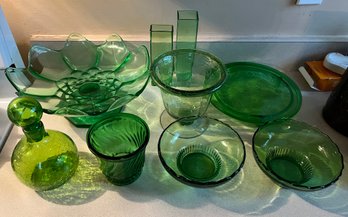 Assorted Lot Of Vintage Green Glassware- 9 Pieces