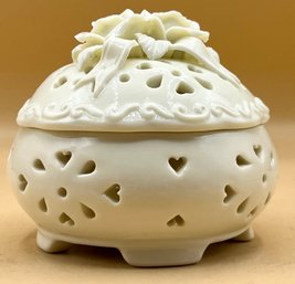Ceramic Covered Potpourri Bowl Trinket Box Raised Flower Design On Lid