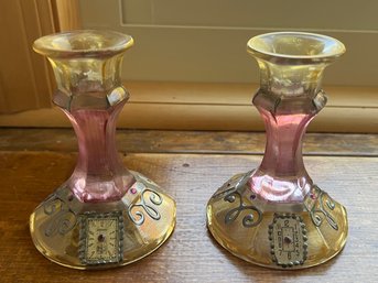 Hand Decorated Glass Candlestick Holders - 2 Pieces