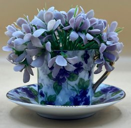 Faux  Plant In Demitasse Porcelain Cup With Attached Saucer