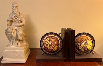 Michelangelo Moses Statue & Spinning World Globe Book Ends - 3 Pieces