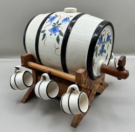Handerbeit Mini Ceramic Barrel Decanter With 6 Mini Mugs And Wood Stand Made In Germany
