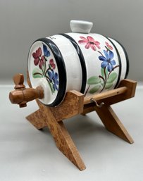 Mini Ceramic Barrel Decanter On Wood Stand Made In Germany