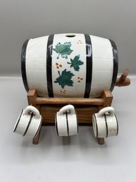 Mini Ceramic Barrel Decanters With 5 Mugs And Wood Stand