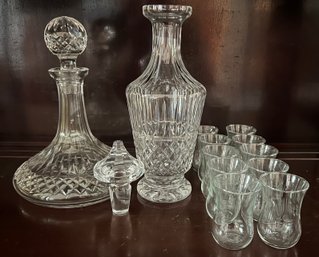 Crystal Decanter Lot & Etched Shot Glass Lot- 12 Pieces