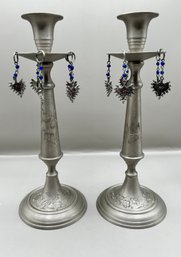 Pair Etched Silver Tone Gothic Style Candlestick Holders