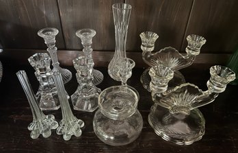 Assorted Lot Of Glass & Crystal Candlestick Holders- 11 Pieces