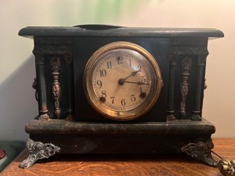 Antique Wood Mantle Clock With Lions Head Detailing