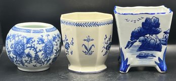 Porcelain Blue & White Decorative Vases - 3 Pieces