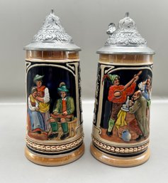 German Beer Stein With Pewter Lids Made In Germany, Lot Of 2