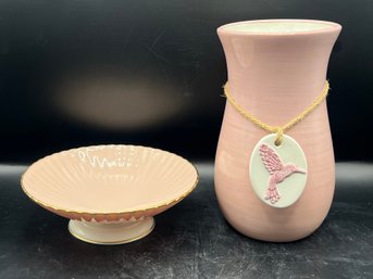 Lenox Pink Porcelain Pedestal Dish & Teleflora Gift Vase - 2 Pieces