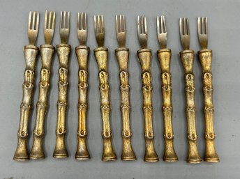 Vintage HorsDoeuvers Brass Forks, Set Of 10