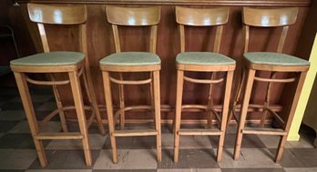 Wooden Bar Stools With Green Vinyl Seats - 4 Pieces