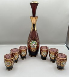 Amethyst Venetian Bohemian Hand Painted Glass Decanter With 6 Glasses, 7 Piece Lot