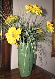 Artificial  Yellow Flowers In Ceramic Green Vase