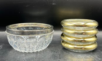 Pressed Glass Candy Bowl & Silver-plated Starburst Glass Coasters - 5 Pieces