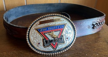 Montana Silversmiths Ride The Rage Bud Light Cup Las Vegas PBR Belt Buckle With Leather Belt