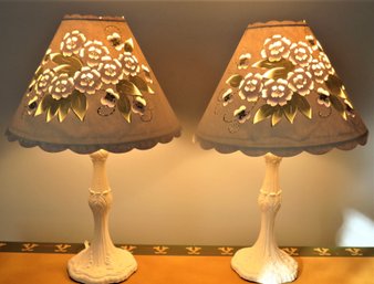 White Table Lamps With Laser Cut Paper Shades - Set Of 2