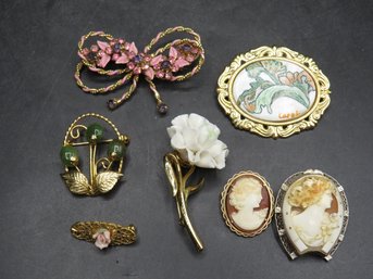 Vintage Cameos & Costume Jewelry Brooches Pins - Lot Of 7