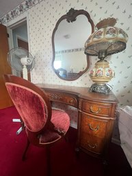 Kidney Shape Desk With Mirror And Red Velvet Chair