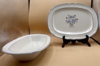 Cordella Collection Bluet Pattern Stoneware Ceramic Serving Platters & Oblong Bowls Set -  4 Piece Lot