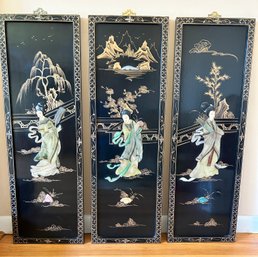 Asian Mother Of Pearl Inlay Black Lacquered Framed Wall Decor - 3 Piece Lot