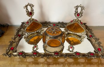 Vintage Brass Filigree Beveled Amber Glass Vanity Set, 4 Piece Lot