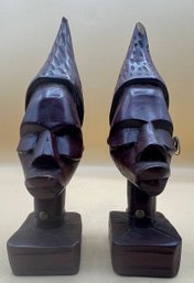 Hand Carved Wood Tribal Man & Woman Head Bookends