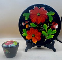 Hand Painted Russion Folk Art Red Floral Black Background Russian Plate & Trinket Jar