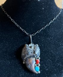 Navajo Sterling Silver Turquoise/coral Bear Claw Pedant With Chain - 0.47 OZT