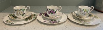 Royal Albert Hand Painted Bone China Snowdrop, Violets, Hawthorn Tea Cups Saucers & Bread Plates- 9 Pieces