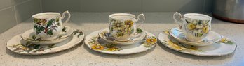 Royal Albert Hand Painted Bone China Daffodil, Daisy, Holly Tea Cups Saucers & Bread Plates- 9 Pieces