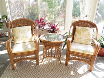 Lovely Rattan Honey Fabric Cushioned Chairs & Round Side Table - Set Of 3