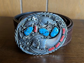 Sterling Silver Navajo Native American Turquoise/coral Bear Claw Belt Buckle With 41 Inch Belt