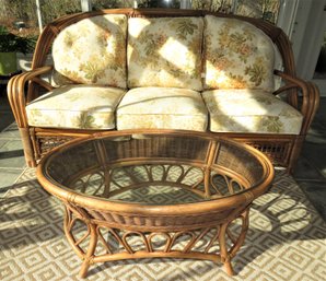 Lovely Rattan Honey Floral Cushioned Sofa & Coffee Table With Glass Top - Set Of 2