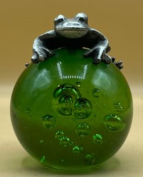 Silver Tone Metal Frog On Green Glass Ball Paperweight