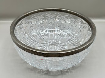 Cut Glass Crystal Serving Bowl With Silver Plated Rim