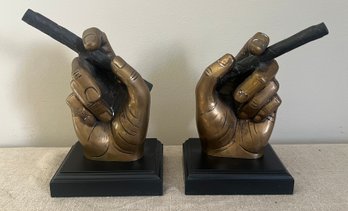 Antique Bronze Hands With Cigar Bookends - 2 Pieces