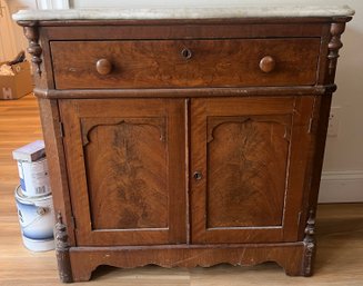 Antique Marble Top Wood Buffet Cabinet