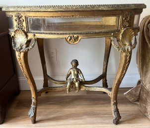 Vintage French Glass Gold Gilt Cherub Curio Display Table