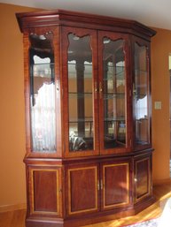 Thomasville Lighted Wood China Cabinet With Glass Shelves, Mirrored Back & Curved Front Design