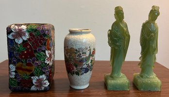 Cloisonne Enamel Vase, Japanese Peacock Vase & Wony Italy Faux Jade Figurines, 4 Pieces