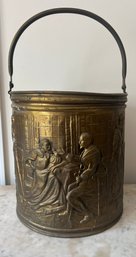 Antique Brass Repousse Embossed English Scene Coal Bucket With Handle