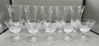 Etched Crystal Water Glasses And Sherbet Glasses, Lot Of 10