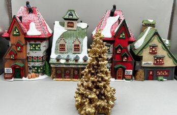 Dept. 56 North Pole Series Reindeer Barn, Santas Bear Works, Elf Bunk House, North Poke Dolls - 5 Piece Lot