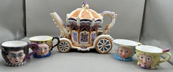 Dept. 56 Storybook Cinderella Teapot And 4 Tea Cups, 5 Piece Lot