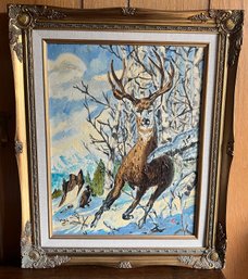 Artist Signed HPV Deer Oil Painting Framed